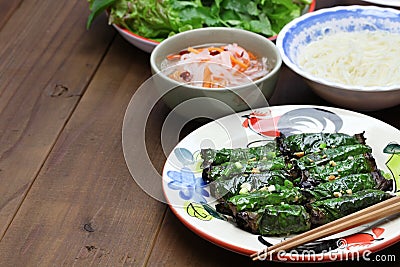 Grilled minced beef wrapped in betel leaf, vietnamese cuisine Stock Photo