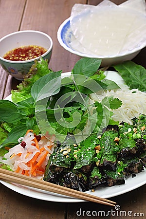 Grilled minced beef wrapped in betel leaf, vietnamese cuisine Stock Photo