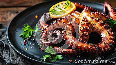 Grilled octopus elegantly presented on a black plate, Ai Generated Stock Photo