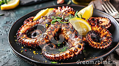 Grilled octopus elegantly presented on a black plate, Ai Generated Stock Photo