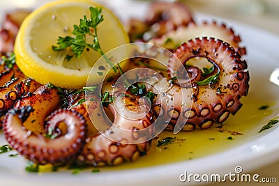 Grilled Octopus with Lemon and Parsley - A Delicacy for Seafood Culinary Exploration Stock Photo