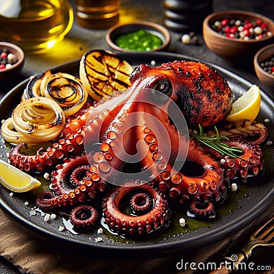 Grilled octopus plated on black dish, a classic mediterranean delicacy. Generated AI Stock Photo