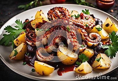 A grilled octopus with potatoes and paprika Stock Photo