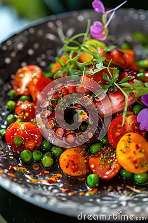 Grilled octopus salad with cherry tomatoes and green peas on a decorative blue plate Stock Photo