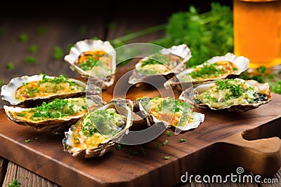 grilled oysters garnished with parsley on wooden slab Stock Photo