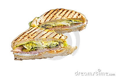 Grilled panini with Prosciutto ham, salad and cheese. Isolated on white background. Stock Photo