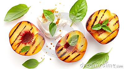 Grilled peach halves with fresh basil leaves and a dollop of cream on a white background Cartoon Illustration