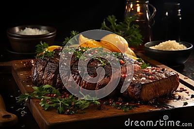 Grilled picanha with caramelized pineapple on rustic scene., generative IA Stock Photo