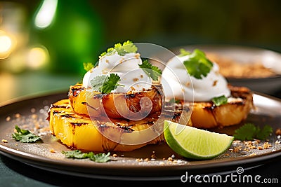 grilled pineapple slices with cream cheese, mint and lime, dessert portion on plate. Generative AI Cartoon Illustration