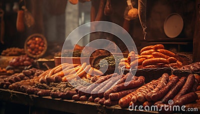 Grilled pork and beef, smoked salami a gourmet barbecue generated by AI Stock Photo