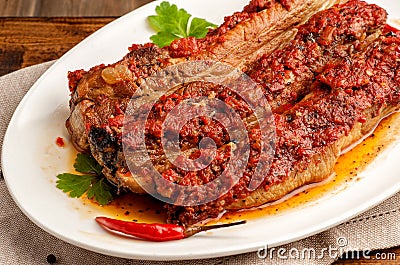 Grilled pork ribs in spicy sauce Stock Photo