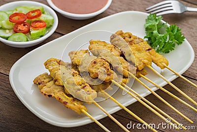 Grilled pork satay with peanut sauce, Thai food Stock Photo