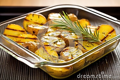 grilled potatoes with fresh sprig of rosemary on a glass serving dish Stock Photo