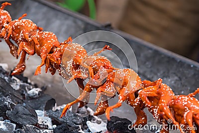 Grilled quail rolling on the grill grate. Grilled quail bird with white sesame for cooked thailand street food Stock Photo