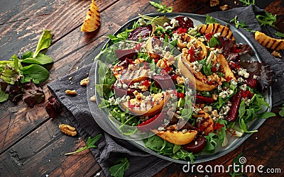 Grilled quince salad with baked and fresh grated beetroot, blue cheese, walnuts on wooden rustic table Stock Photo