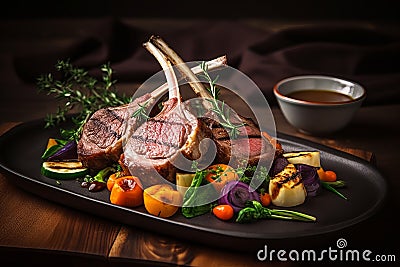 Grilled rack of lamb with vegetables. Professional food, Stock Photo