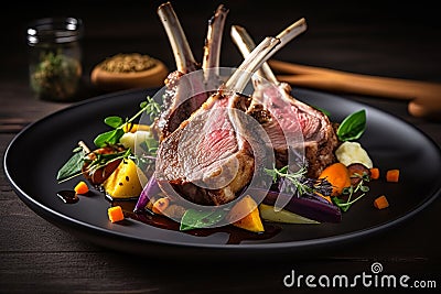 Grilled rack of lamb with vegetables. Professional food, Stock Photo