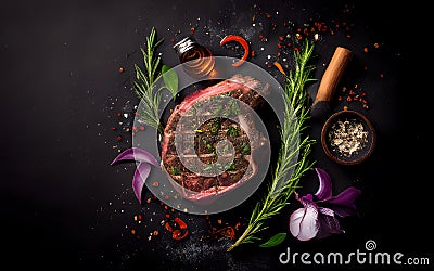 Grilled rib eye steak, herbs and spices on dark table. Stock Photo