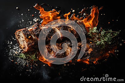 Grilled Ribs, Lamb Barbecue, Roasted Meat on Dark Background, Abstract Generative AI Illustration Stock Photo