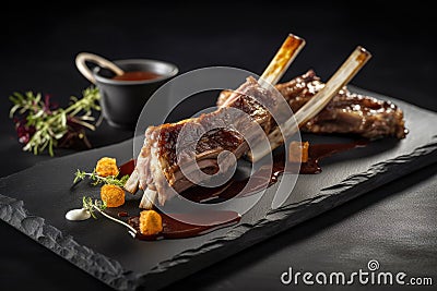 Grilled Ribs, Lamb Barbecue, Roasted Meat on Dark Background, Abstract Generative AI Illustration Stock Photo