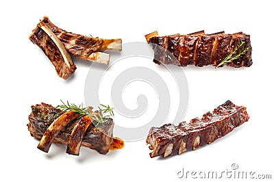 Grilled Ribs, Lamb Barbecue, Roasted Meat on Dark Background, Abstract Generative AI Illustration Stock Photo