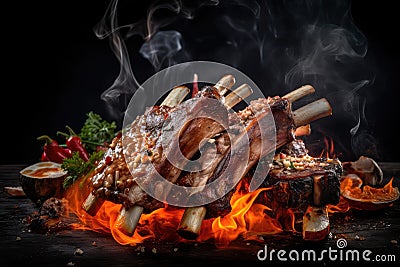 Grilled Ribs, Lamb Barbecue, Roasted Meat on Dark Background, Abstract Generative AI Illustration Stock Photo