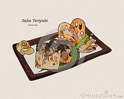 Grilled Saba fish steak with teriyaki sauce - Japanese food style. Hand draw sketch vector Vector Illustration