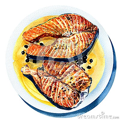 Grilled salmon with black pepper, fried fish on Stock Photo