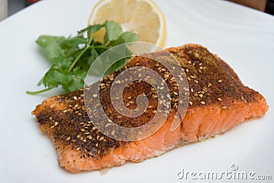 Grilled Salmon cajun spiced fillet with lemon and cilantro Stock Photo