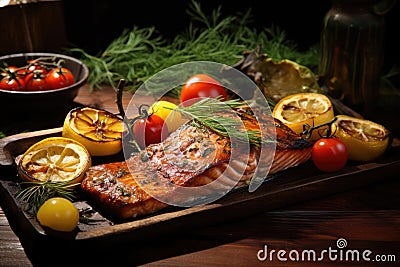 Grilled salmon dish, herbs, lemon, fried tomatoes on a wooden table Stock Photo
