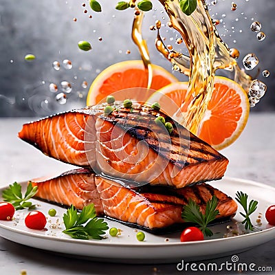Grilled salmon fillet steak, seafood dish with salad Stock Photo