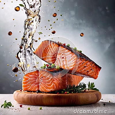 Grilled salmon fillet steak, seafood dish with salad Stock Photo