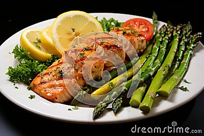 Grilled salmon fillet with steamed asparagus and fresh lemon - healthy seafood recipe Stock Photo