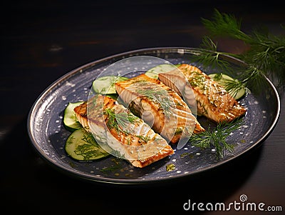 Grilled salmon fillets with buttered zucchini slices on dark background Stock Photo