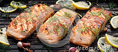 Grilled salmon fillets sprinkled with fresh herbs on a grill plate Stock Photo