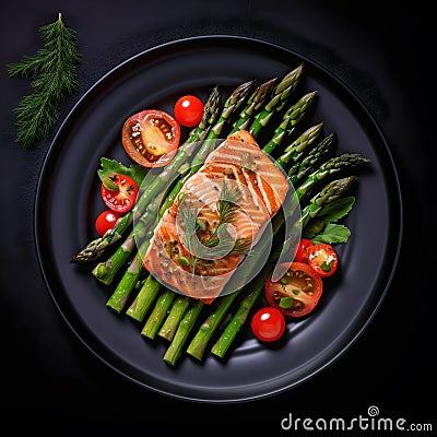Grilled salmon garnished with asparagus and tomatoes Stock Photo