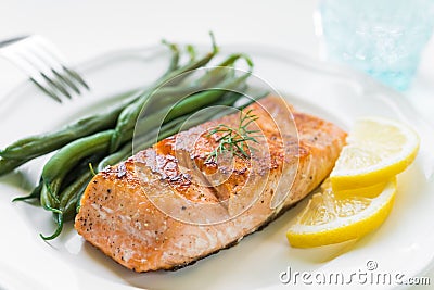 Grilled Salmon with Green Beans Stock Photo