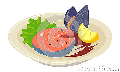 Grilled salmon with mussel and lemon slice dish Vector Illustration