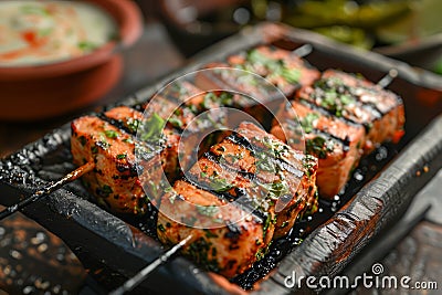 Grilled Salmon Skewers with Sprinkled Sesame Seeds and Herbs on Rustic Wooden Table, Gourmet Seafood Concept Stock Photo