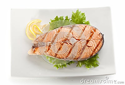 Grilled salmon stake Stock Photo