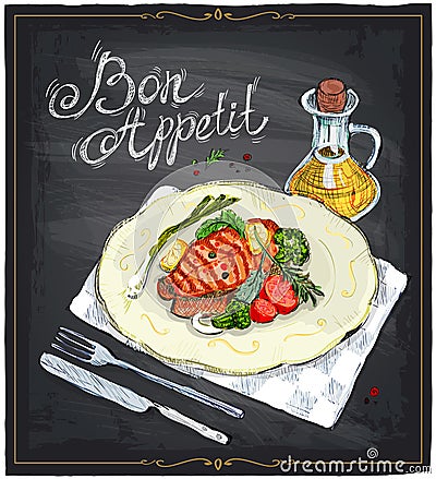 Grilled salmon steak on a plate hand drawn illustration on a chalkboard. Vector Illustration