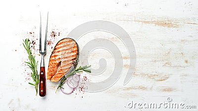 Grilled salmon steak with rosemary and spices. Stock Photo