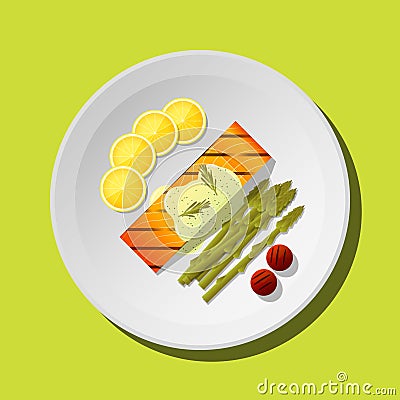 Grilled salmon steak with vegetables and spices served on plate Vector Illustration