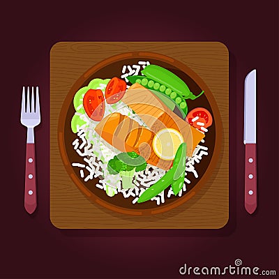 Grilled salmon steaks with rice and vegetables Vector Illustration