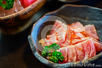 Grilled salmon sushi with salmon eggs on top, Premium Japanese food Stock Photo