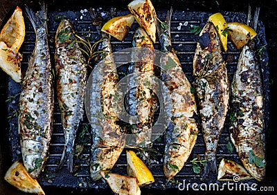 Grilled sardines in a herbal lemon marinade on a grill plate. Grilled food, barbecue Stock Photo