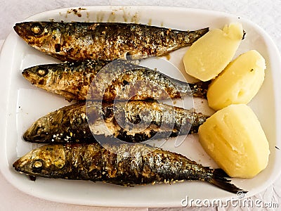 Grilled Sardines Plate with Potato Stock Photo