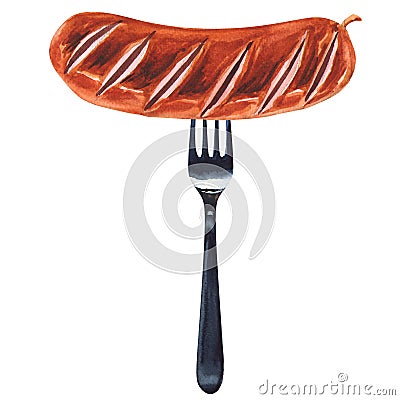 Grilled Sausage on a fork isolated Stock Photo