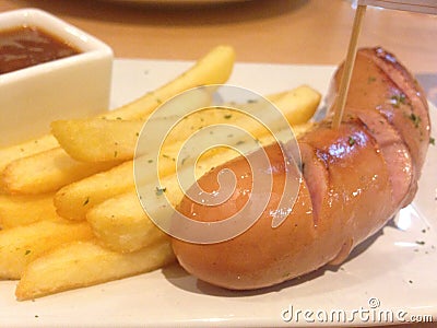 grilled sausage and french frie Stock Photo