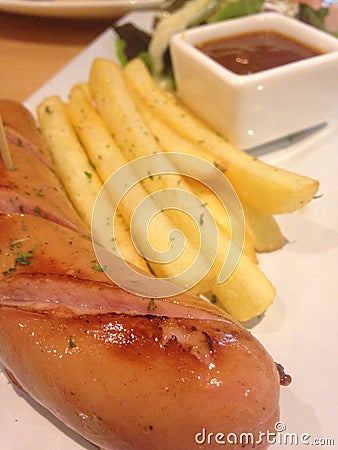 grilled sausage and french frie Stock Photo